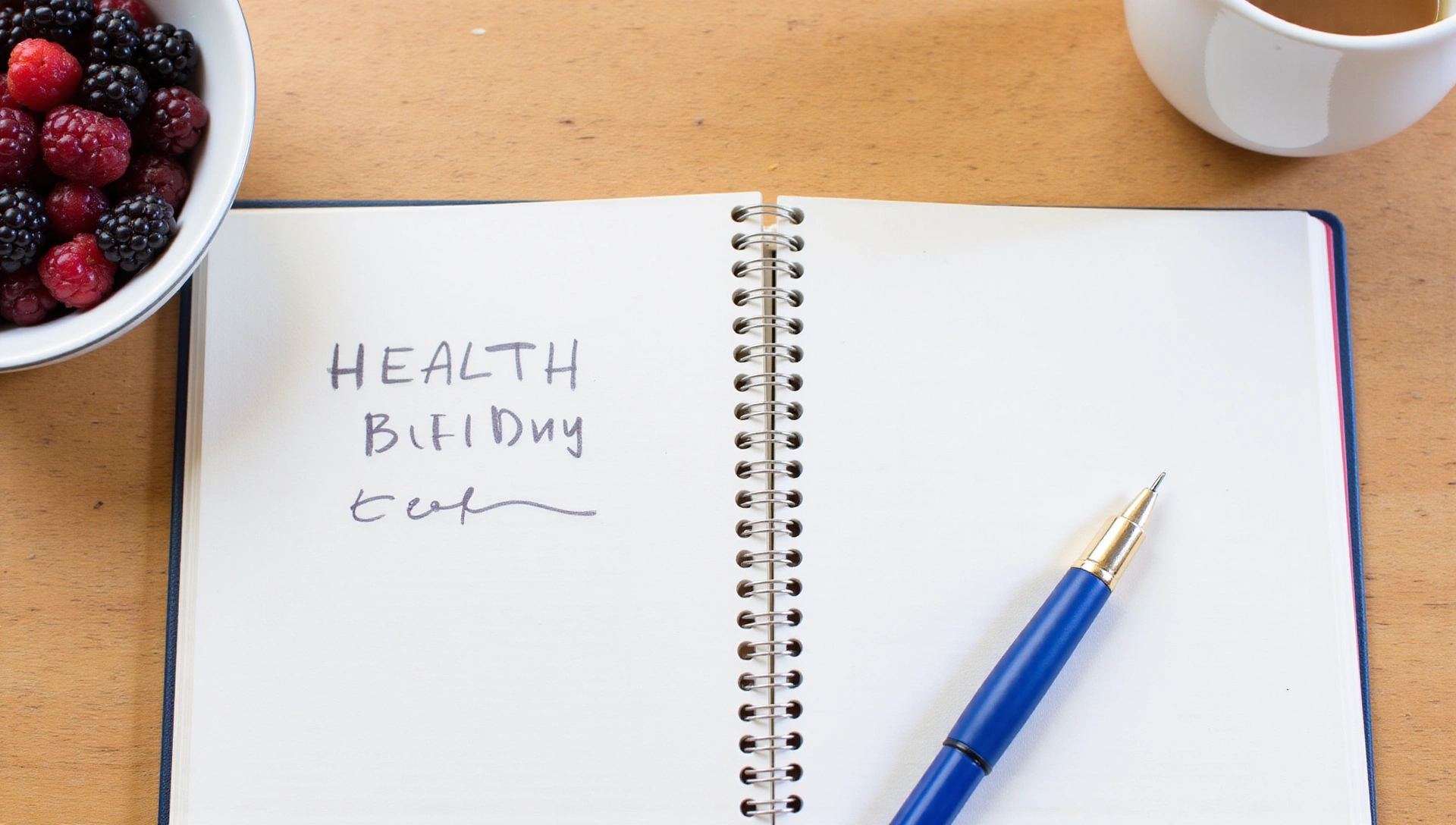 Imagen minimalista de un cuaderno abierto con un bolígrafo y un snack saludable en una mesa de madera.