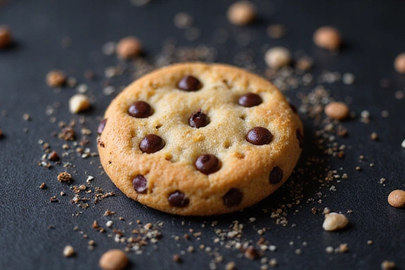 Ilustración de una galleta (cookie) digital con datos fluyendo en el fondo, representando el concepto de cookies web.