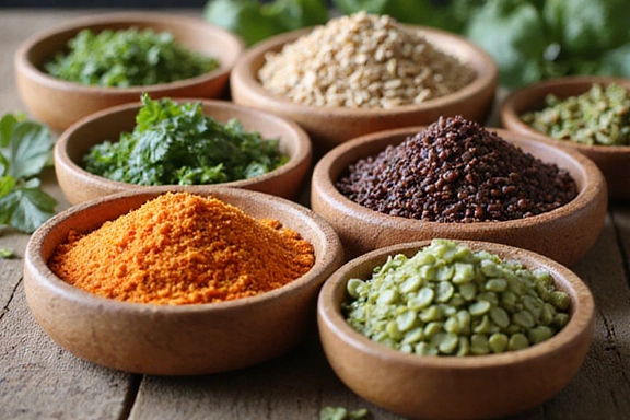 Variedad de superalimentos y semillas en cuencos de madera