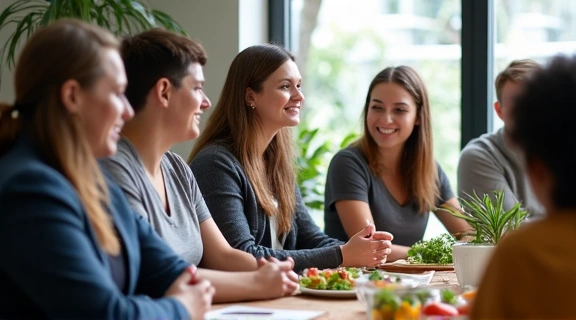 Grupo de personas participando activamente en un taller de nutrición, con un experto presentando.