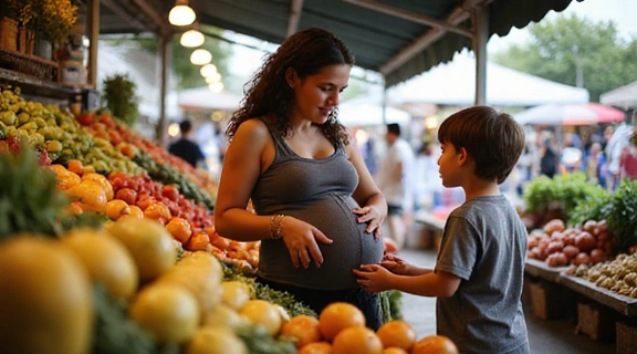 Madre embarazada y un niño pequeño eligiendo frutas y verduras frescas en un mercado.