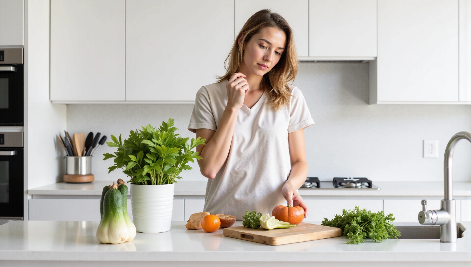 Persona preparando una comida saludable en una cocina moderna.