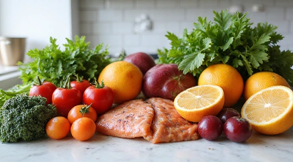 Variedad de alimentos frescos y saludables dispuestos en una mesa, simbolizando un plan de alimentación.