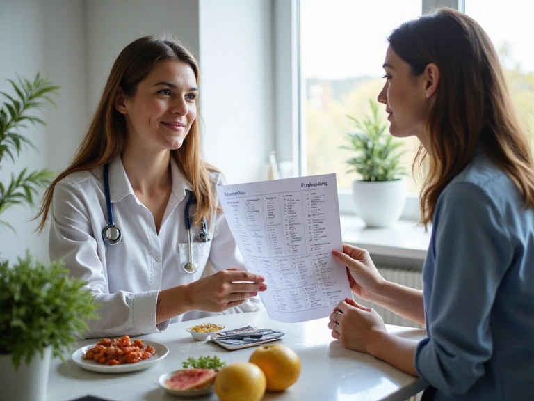 Nutricionista explicando un plan de alimentación a un paciente, mostrando empatía y profesionalismo.