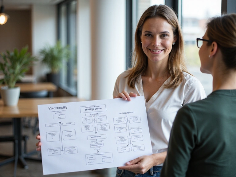 Nutricionista explicando un diagrama de proceso de trabajo a un cliente, destacando la personalización y el apoyo continuo.