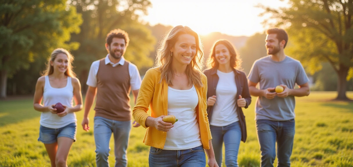 Grupo diverso de personas sonriendo y participando en actividades saludables al aire libre.