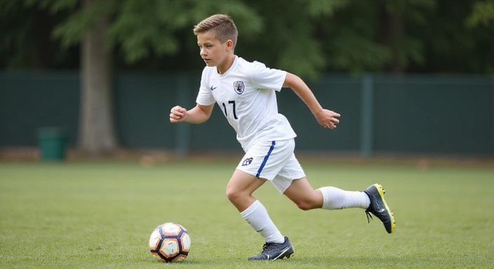 Joven atleta corriendo en un campo de fútbol con determinación