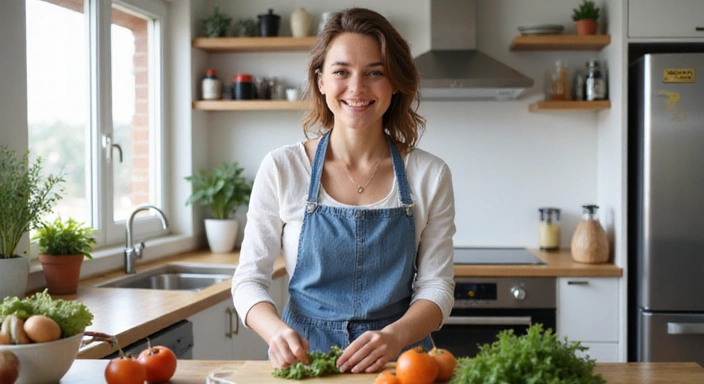Mujer enérgica sonriendo mientras prepara una comida saludable